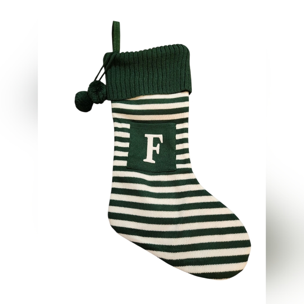 Initial Pocketed Green and White Striped Christmas Stocking